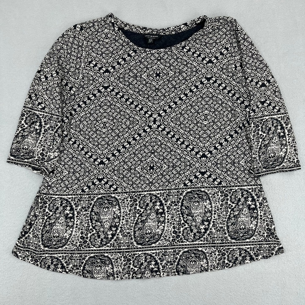 Lucky Brand Womens 1X Black White Paisley Geometric Tile Print 3/4 Sleeve Top